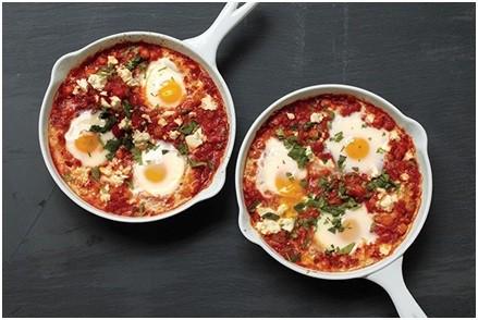 Poached Eggs in Tomato Sauce with Chickpeas and Feta