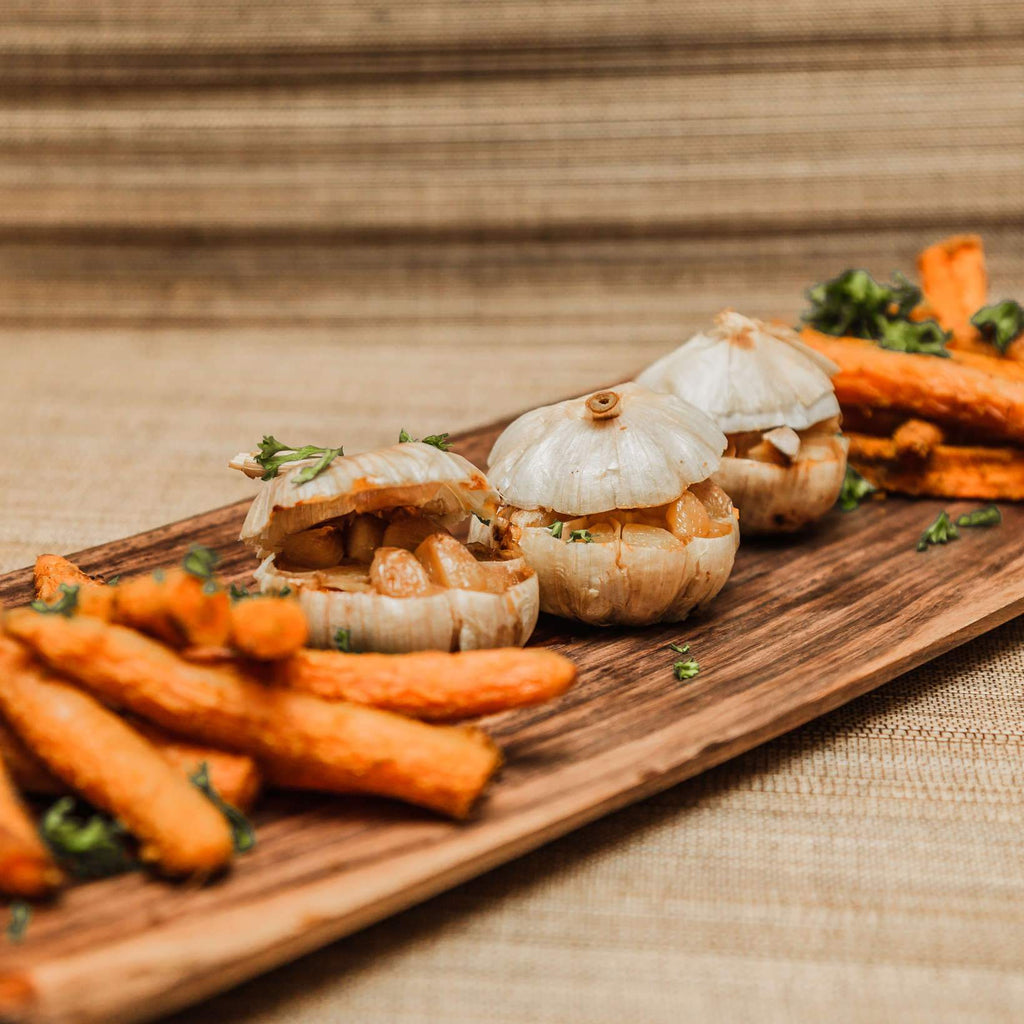 Slow Roasted Garlic with Spicy Roasted Carrot Sticks