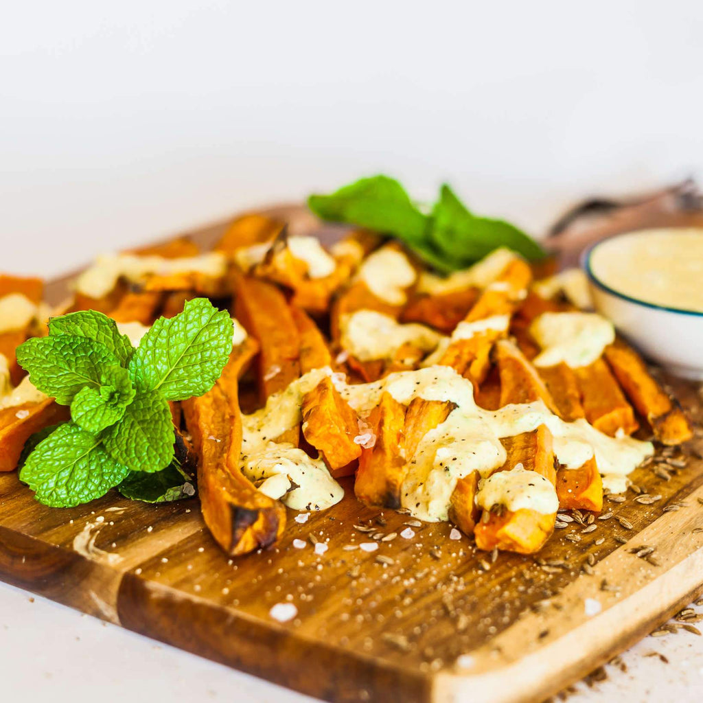 Baked Sweet Potato Fries with Turmeric and Mint Raita