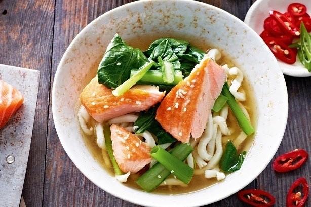 Miso broth with Sesame Salmon and Udon Noodle